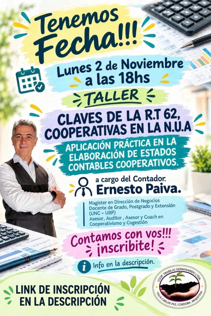 Afiche del taller sobre RT 62 y estados contables cooperativos, organizado por la Cooperativa Germinando para el 2 de noviembre de 2026.